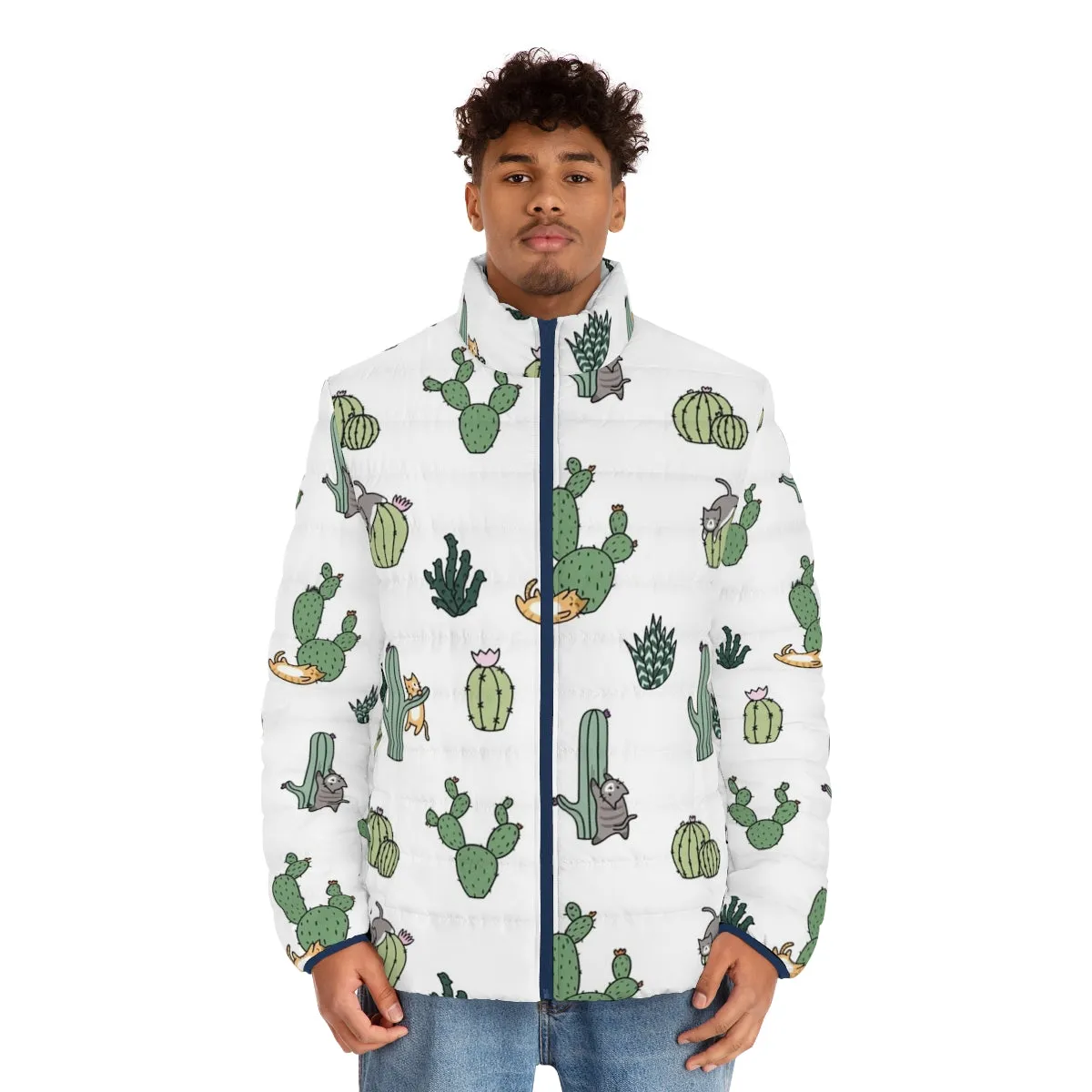 Adorable Cacti Cats Puffer Jacket - Cute & Kawaii Cactus Cat Pattern
