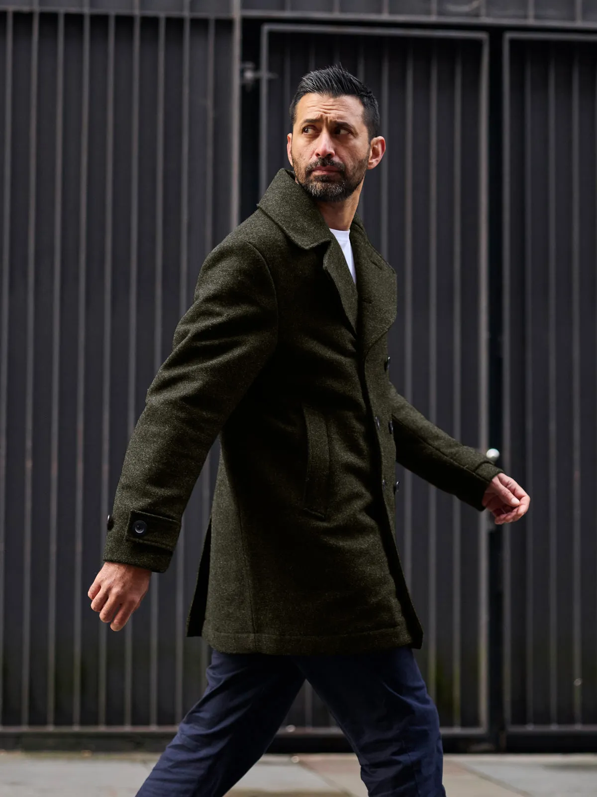 Pure Wool Quilted Peacoat Dark Green