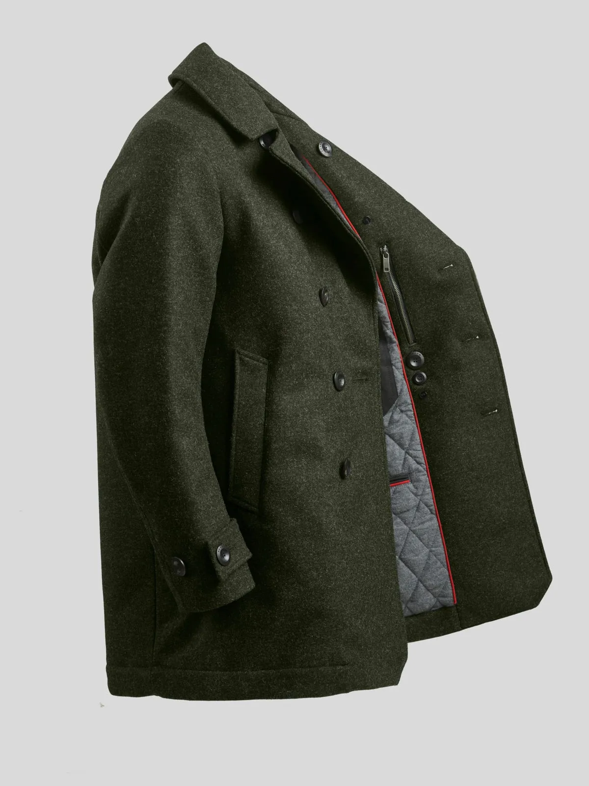 Pure Wool Quilted Peacoat Dark Green