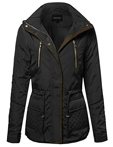 Quilted Military Puffer Jacket With Drawstring Waist Black Size L
