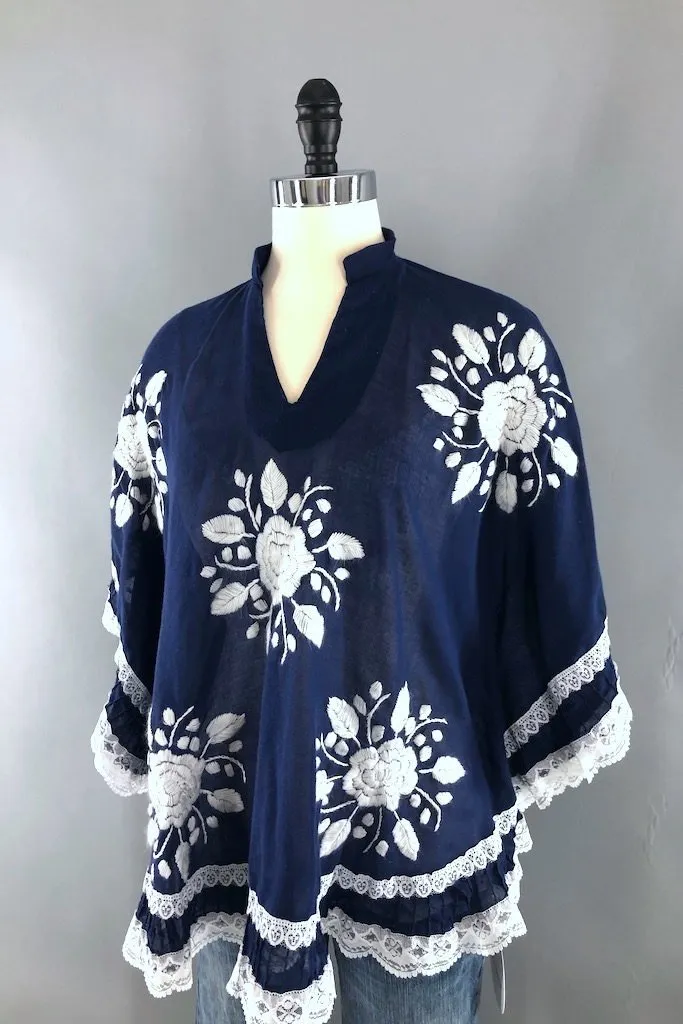 Vintage Navy & White Embroidered Tunic
